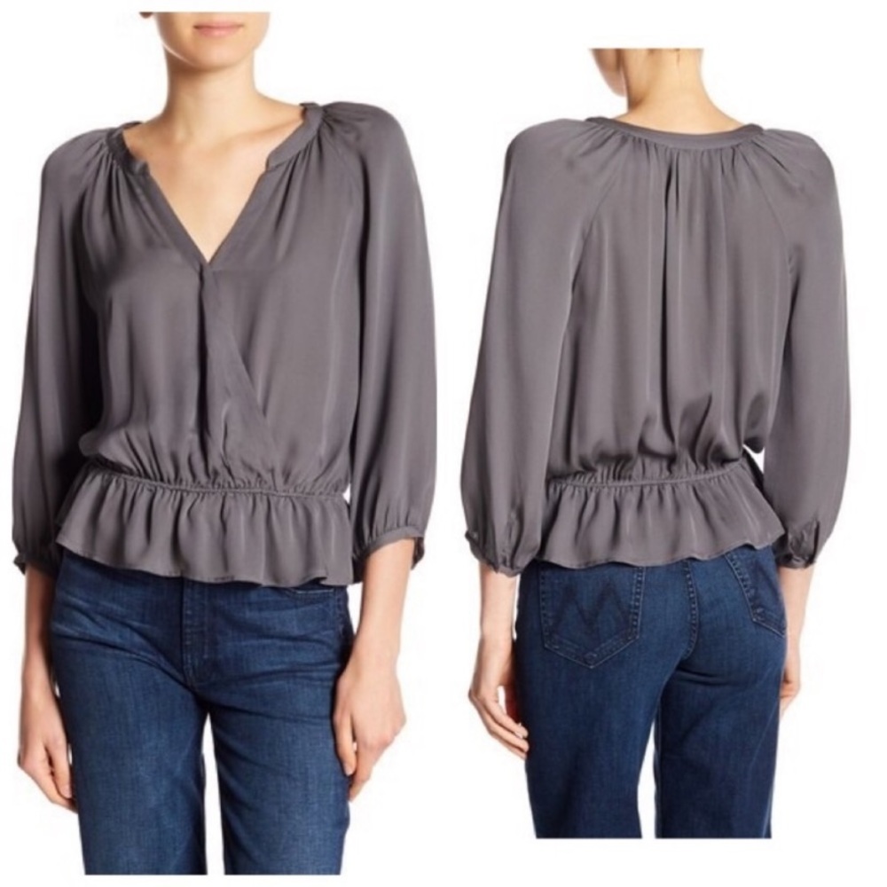 Joie Louvre Silk Peplum Top in Gray Steele